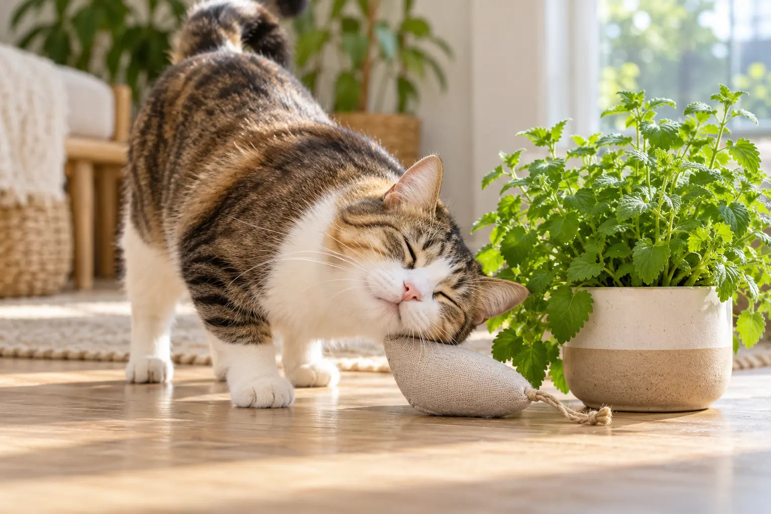Kat speelt ontspannen met een kattenkruidspeeltje naast een catnipplant