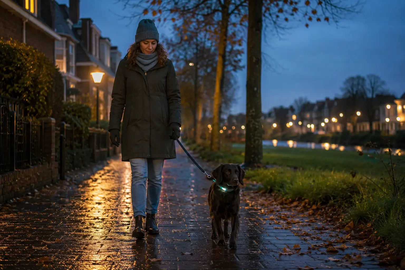 Donkere hond met lichtgevende halsband tijdens een natte herfstwandeling in de schemering