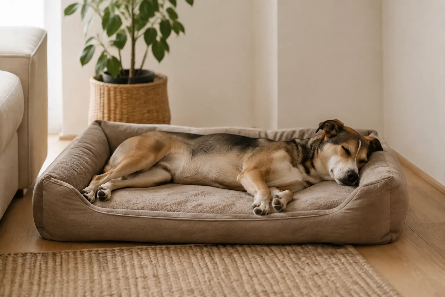 Slapende hond ligt uitgestrekt in een ruim hondenbed met opstaande rand