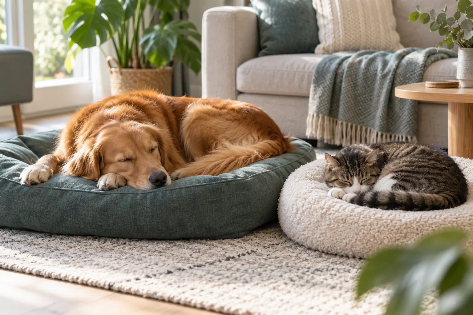 Hond en kat slapen ontspannen op aparte manden in een rustige woonkamer