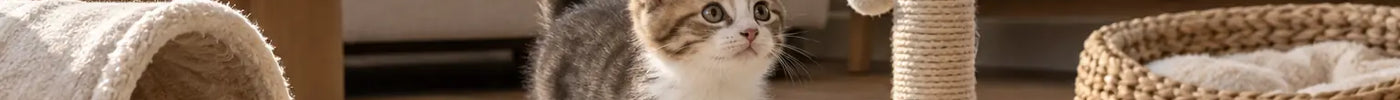 Nieuwsgierige kitten in een veilige woonkamer met krabpaal en stevig speelgoed