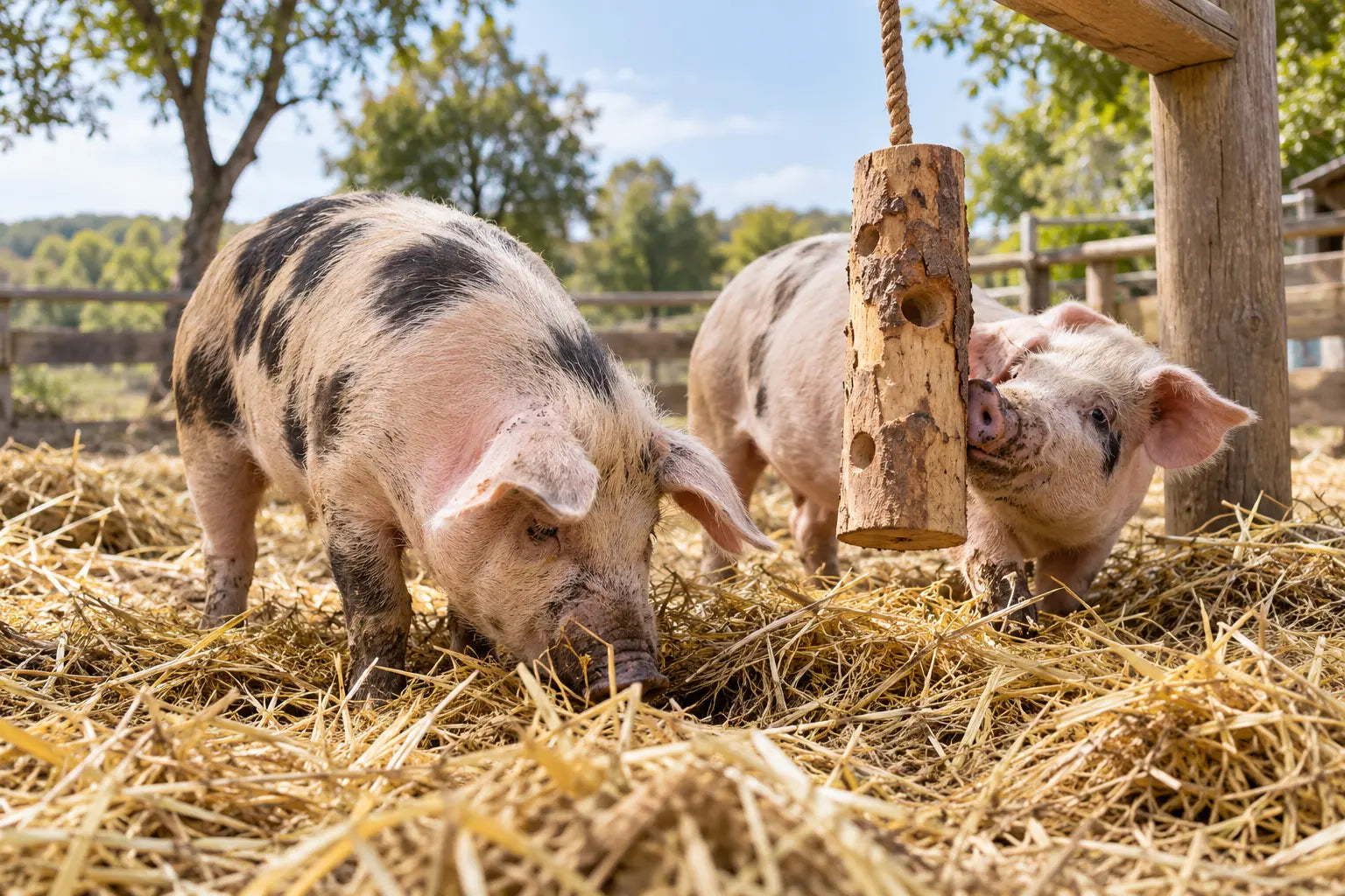 Twee varkens wroeten in stro en onderzoeken een stevig kauwobject
